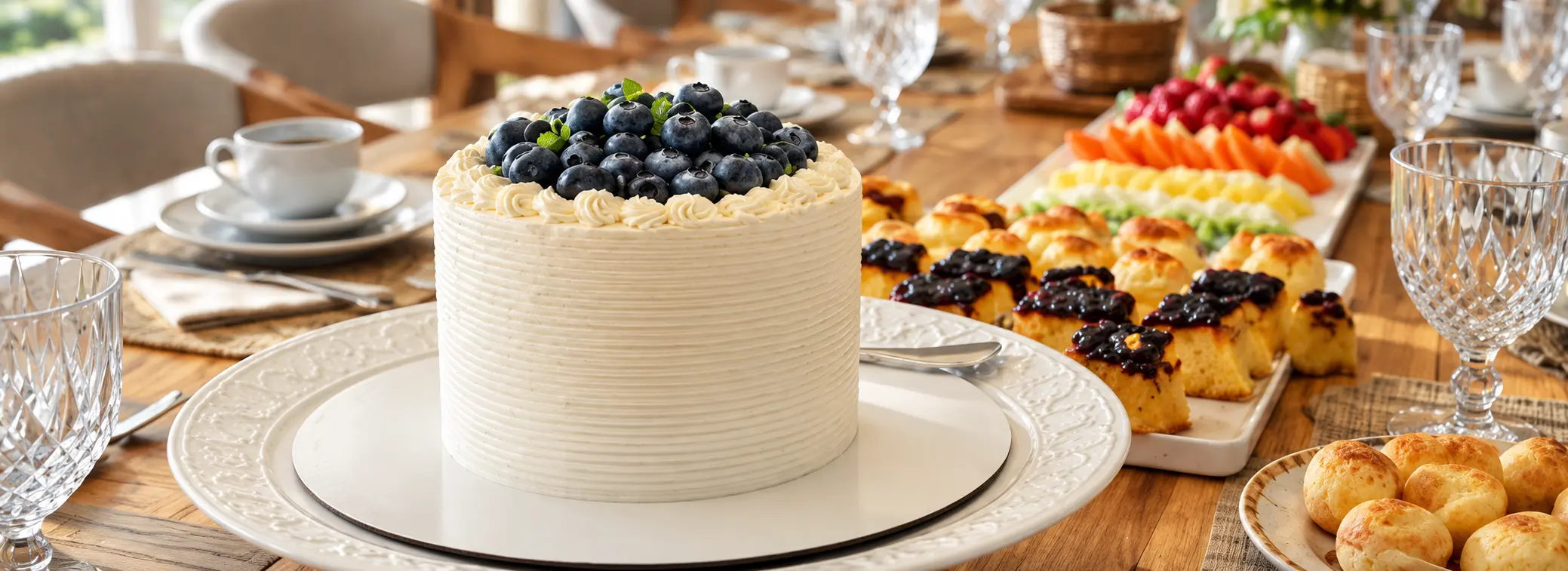 Mesa de café da manhã com bolo de mirtilos, frutas e pães